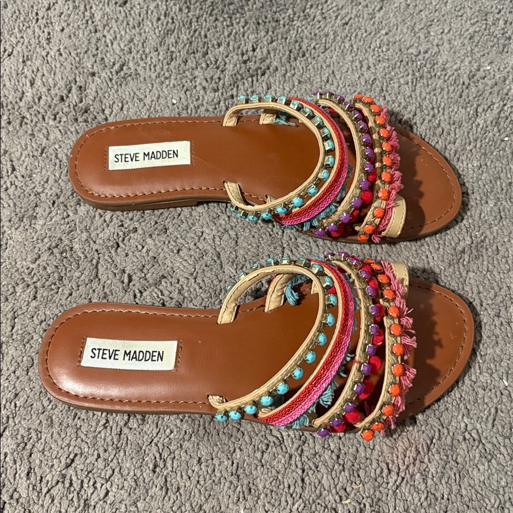 Steve Madden • Gypsy Colorful Boho Jewel Fringe Pom Pom Sandals - Picture 4 of 8